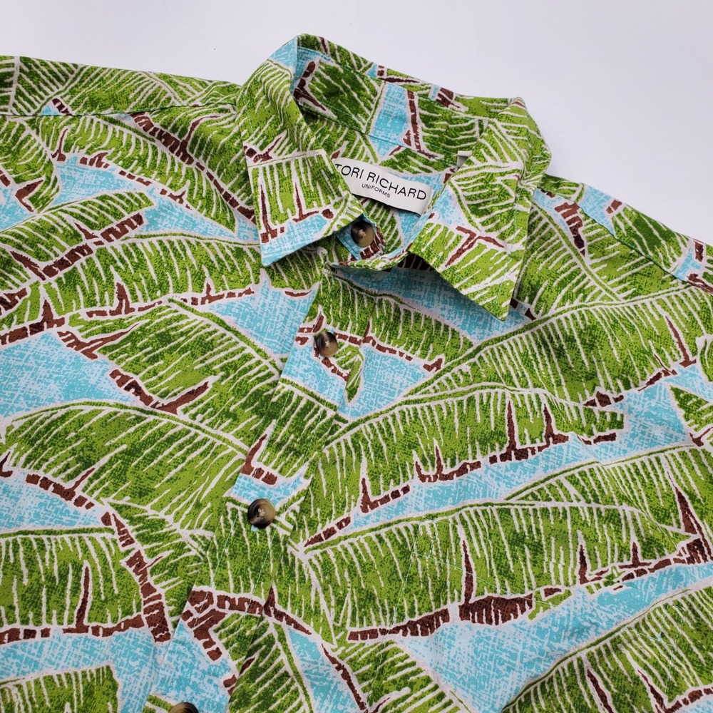 Tori Richard Uniforms Mens Medium Green Blue Banana Leaf Palm Cotton Aloha Shirt